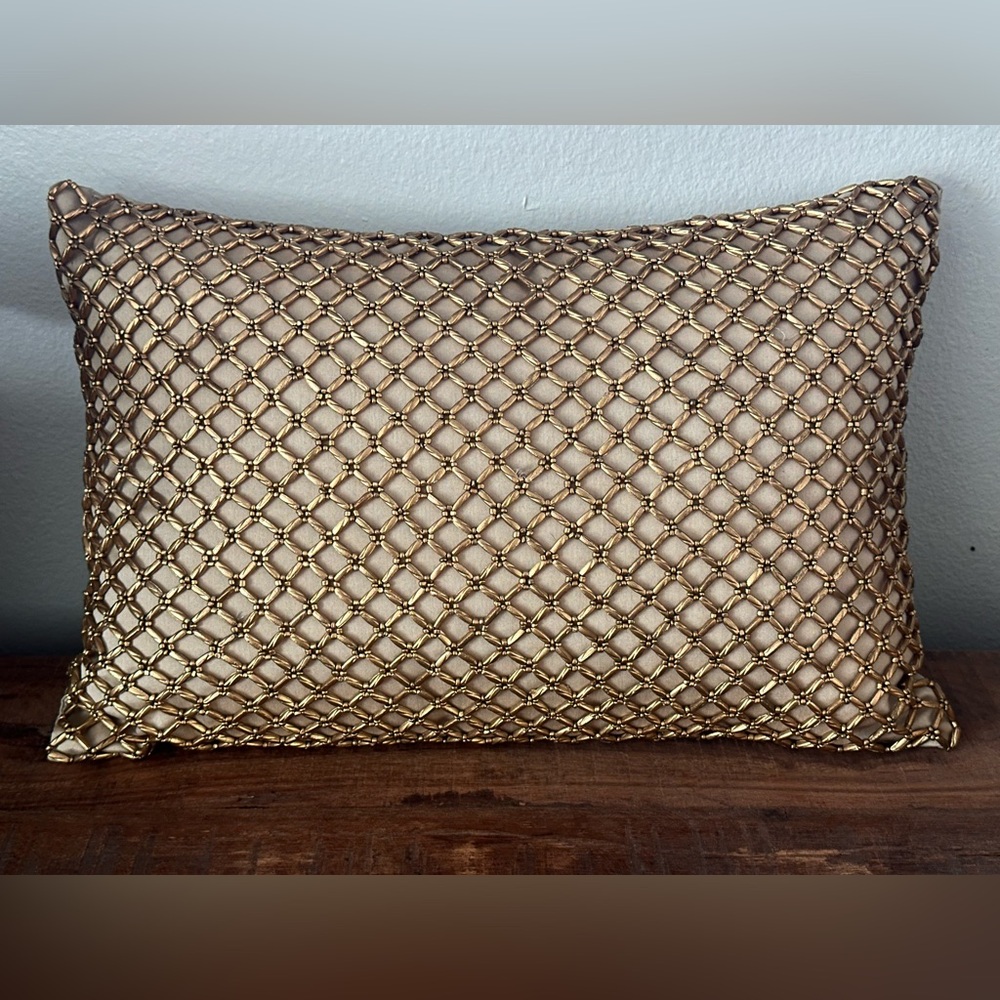 Pier 1 Imports Pillow Set Metallic Bronze Gold Beaded Rectangular Lattice - Picture 3 of 6
